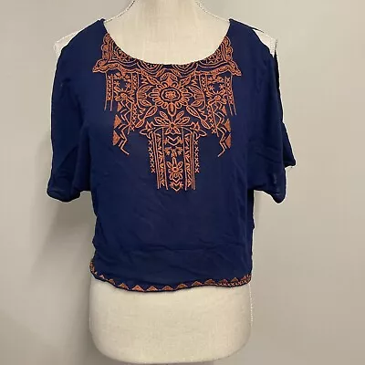 Miami Crop Top Blouse Size S Navy Embroidered Lightweight Cold Shoulder Shirt  • $5.95