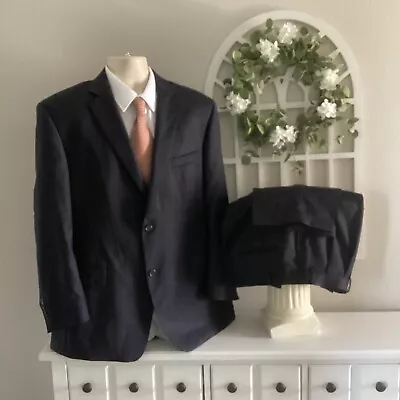 JOSEPH ABBOUD All WOOL 2 BTN 2 Pc SUIT 46R 38X31 Navy Blue Striped WOW! • $64.99