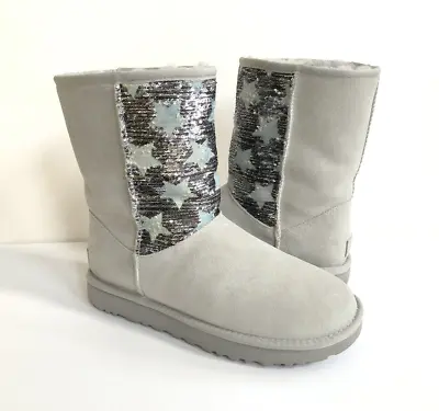 Ugg Classic Short Sequin Stars Sparkles Grey Violet Boots Us 8 / Eu 39 / Uk 6 • $155