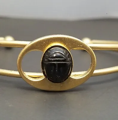 Vintage SCARAB CUFF BRACELET Gold Tone GENUINE STONE BLACK ONYX  Jewelry Scarabs • $15
