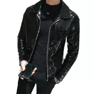 Mens Stylish Faux Patent Leather Jacket Long Sleeve Glossy Motorcycle Outwear UK • $34.10