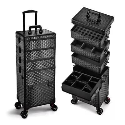 5 In 1 Professional Makeup Train Case On Wheels Extra Large Cosmetic Black • $167.34
