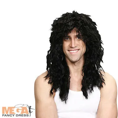 Black 80s Rock Star Wig Mens Fancy Dress 1980s Rocker Adults Costume Accessory • £9.49