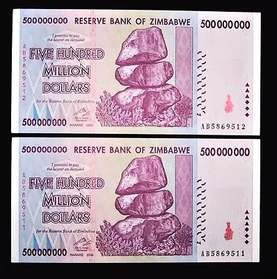 2 X Zimbabwe 500 Million Dollars-Aunc Collectible Currency/2008/AB • $26.96