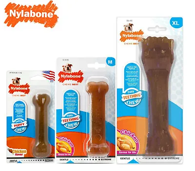 Nylabone Puppy Chew Soft Teething Dog Puppy Chicken Flavour Nylon Bone 3 Size • £6.19