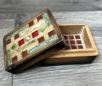 Vintage Wooden Trinket Box Mosaic Tile On Lid And Interior Made In Japan 3.5x3x2 • $10.64