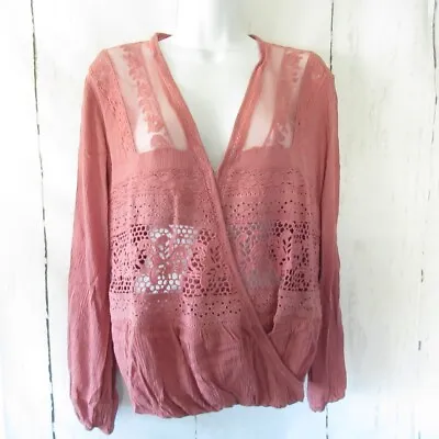Lovestitch Top S Small Pink Lace Sheer Surplice Wrap Boho Peasant Long Sleeve • £9.45