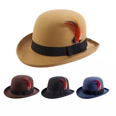 Classic Wool Felt Men Dura Bowler Top Hat Women Feather Bowler Dome Hard Top Hat • $21.12