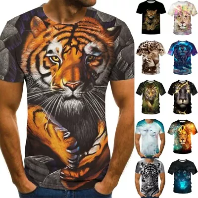 Mens 3D Print Animal Short Sleeve T Shirt Tops Casual Slim Fit Crew Neck Tunic T • £8.99
