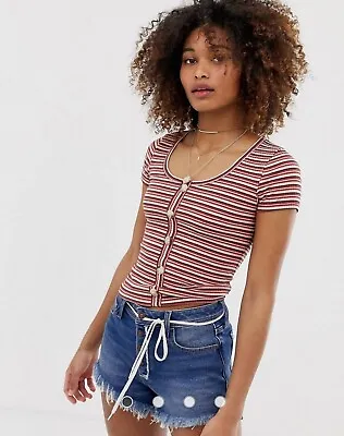 Hollister Girls Women Must Have Collection Striped Henley Ribbed T Shirt 8 S 36 • £4.99