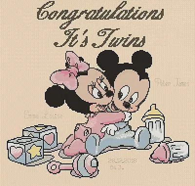 £4.50 • Buy Cross Stitch Chart - Birth Sampler Twins Mickey Mouse   FlowerPower37-uk