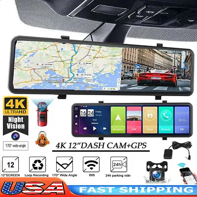 4K 12  Dual Dash Cam Car Rear View Mirror GPS Camera WIFI Video Recorder Night • $86.59