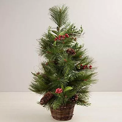 2 Foot Artificial Christmas Pine Tree With Berry Accents In Wicker Basket • $25.49