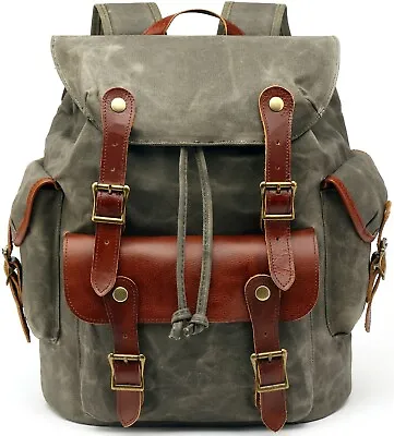Men Waxed Canvas Leather Backpack Travel Rucksack Camping Hiking School Book Bag • $55.98