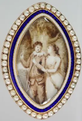 HUGE Antique Georgian Gold Pearl Blue White Enamel Lovers Hunting Mourning Ring • $3950