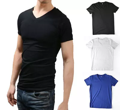 Men Casual T Shirt V Neck Muscle Fit Tee Short Sleeve Fashion Solid Top Plain US • $9.95