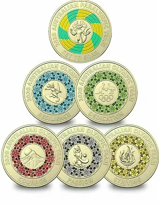 2020 $2 Tokyo Olympic + Paralympics Coloured Two Dollar 6 Coins Set - RARE CIRC • $26.95