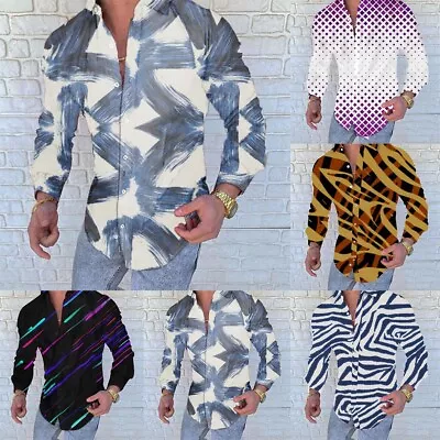 Fashionable Mens Loose Beach Print Button Down Casual Long Sleeve Shirt • £11.27