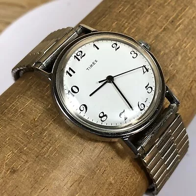 Vintage Timex Classic Dial Mechanical Wind Up Men's Silver Leather Watch • $39.95