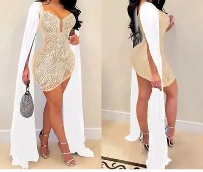 New Women Stylish Bodycon Cape Sleeve Paillette See Through Club Dress Sexy. • $28