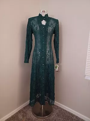 1990s DAWN JOY GREEN SHEER LACE & LACE UP BACK VICTORIAN STYLE DRESS NWT • $19.88