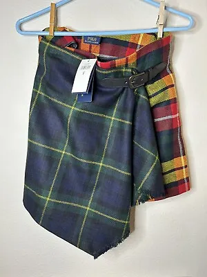 Polo Ralph Lauren Lambswool Plaid Pleated Kilt Leather Buckle Mini Skirt Size 2 • $157.49