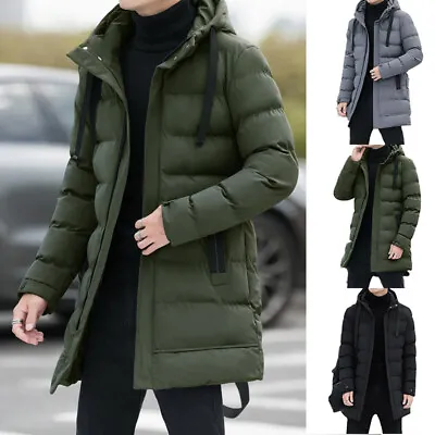 Winter Mens Long Down-Cotton Jacket Hooded Bubble Jacket Quilted Padded Overcoat • $36.61