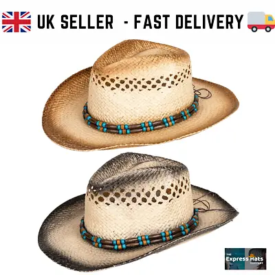 Fidra Unisex Straw Cowboy Hat With Double Bead Band. 2 Colors fast UK Post • £13.95