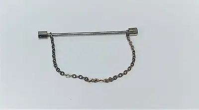 Vintage Silver Tone Men's Collar Bar Clip With Chain Hexagon Ends • $15