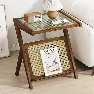 Rattan Side Table Boho Nightstand Mid Century Modern End Table Glass Bedside Tab • $103.11