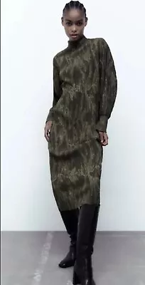 £12.99 • Buy Zara Jacquard Midi Dress Khaki Long Size Medium 