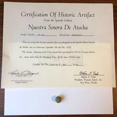 D9560: 1622 Atocha Shipwreck Musket Ball COA • $29.99