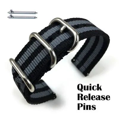 Black & Gray Stripes Nylon Watch Band Strap Belt Army Military Silver Buckle #41 • $11.95