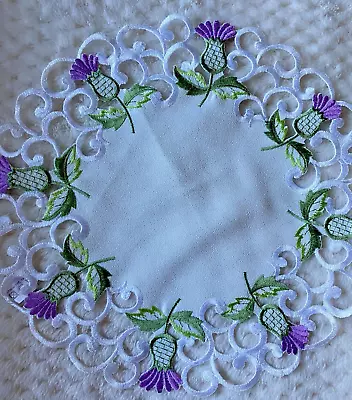 Vintage Ivory Polyester Round Table Mat/doily ~thistle Embroidery ~ 11  • $7.16