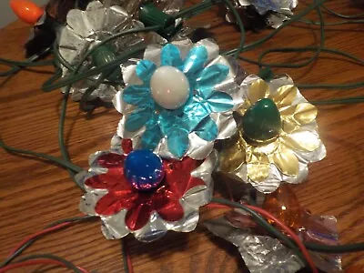 Vintage Christmas String Lights 40 Tin Foil Aluminum Flowers 2 Strands Working • $18