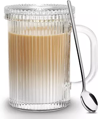 Clear Glass Coffee Mug With Lid 13 Oz Classic Vertical Stripes Coffee Cups Pre • $15.99