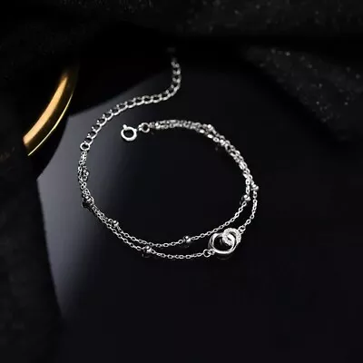 S925 Sterling Silver Geometric Double Ring Bracelet For Women's Ins Mobius Exqui • $25.11