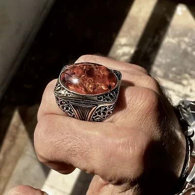 £170.21 • Buy 925 Sterling Silver Mens Ring Big Amber Turkish Statement Jewelry Handmade US11