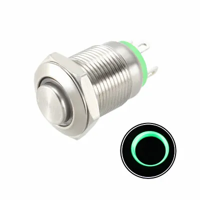 Momentary Metal Push Button Switch High Head 12mm Mounting 1NO 12V Green LED • £5.42