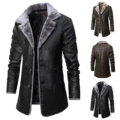 Men's Faux Fur Shearling Pea Coat Trench Leather Jacket Winter Warm Long Coat • $83.76