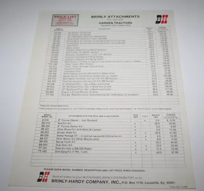 Brinly Attachments For Use With Garden Tractors Price List 1977 • £9.59