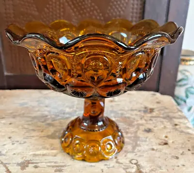 Vintage L.E. Smith Moon Stars Amber Pedestal Compote Candy Dish Ruffled Edge EXC • $19.99