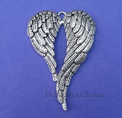 3 X ANGEL WING HEART PENDANTS 70mm SILVER TONE METAL JEWELLERY MAKING CHARMS(E4) • £3.50