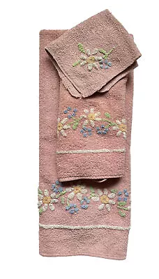Vintage Martex Turkish 3 Piece Towel Set Pink Floral Chenille Design • $16