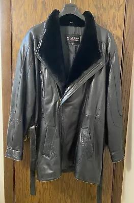 Wilsons Leather Jacket Belted Mouton Fur Collar Long Motorcycle Jacket Men XL • $63.99