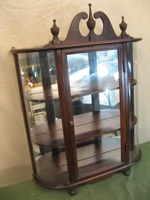 Antique 1940s Mahogany Curved Glass Mirror Curio Display Case Wall Cabinet Shelf • $349