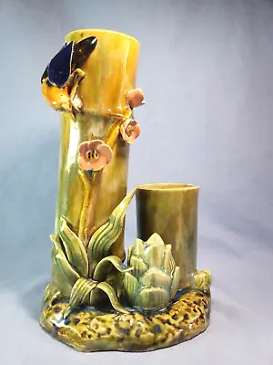 Vintage Majolica Chinese 10''Tall Bamboo Bird Flowers Double Vase UNIQUE • $89.99