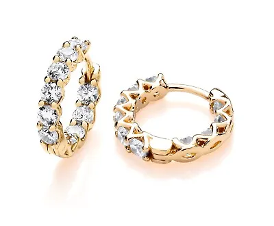 9ct Yellow Gold On Silver Sparkling CZ Hoop Huggie Ladies Earrings Full Eternity • £14.95