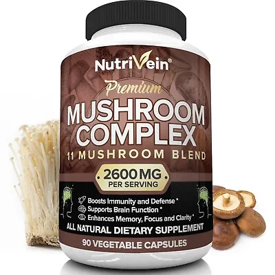 Nutrivein Mushroom Supplement 2600mg - 90 Capsules - 11 Blend Lions Mane Reishi • $19.99