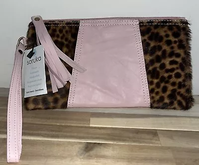 Soruka Wristlet Clutch Wallet Furry Leopard Pink Leather NEW Barcelona Spain • $35